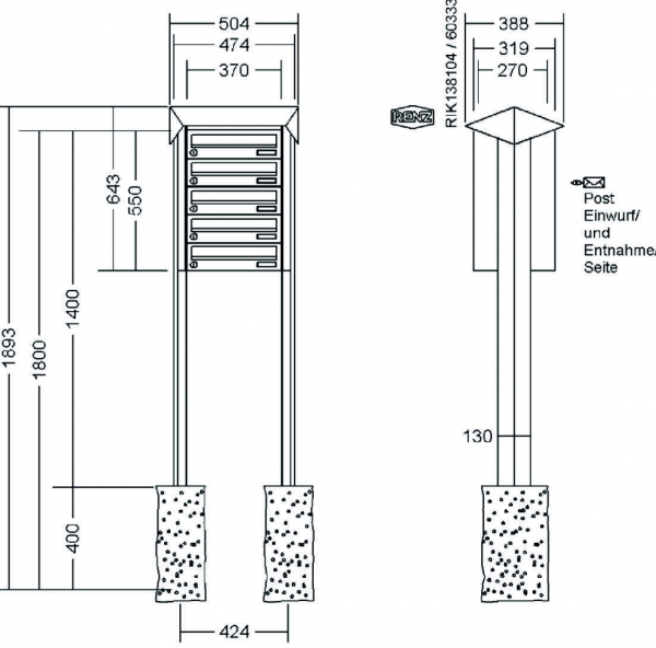 RENZ Briefkastenanlage freistehend, PRISMA, Edelstahl V4A, Kastenformat 370x110x270mm, 5-teilig, zum Einbetonieren